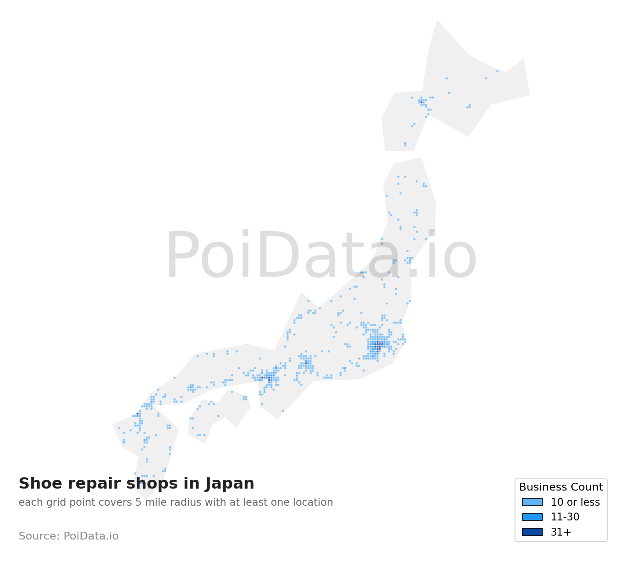 Shoe repair shop density map for Kanagawa, Japan