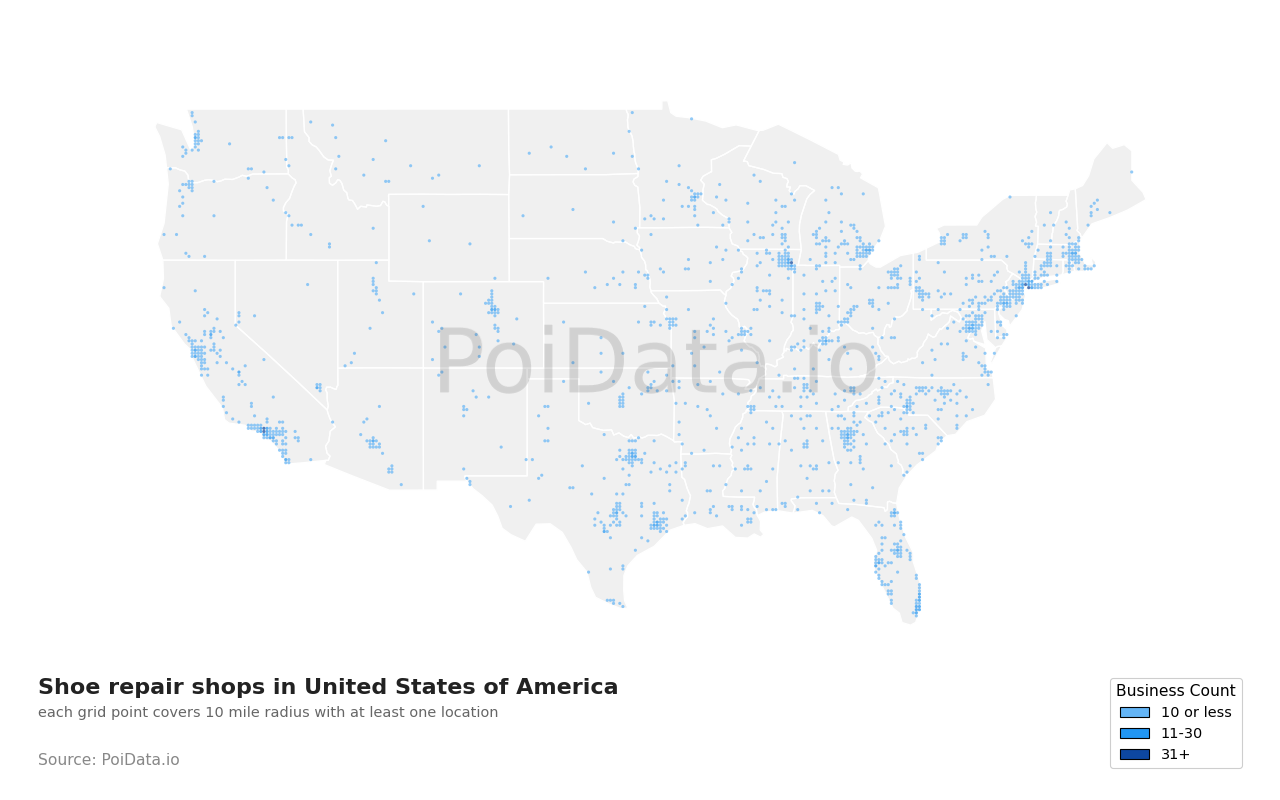 Shoe repair shop density map for California, United States