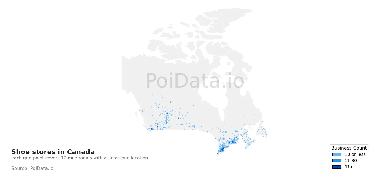 Shoe store density map for Canada