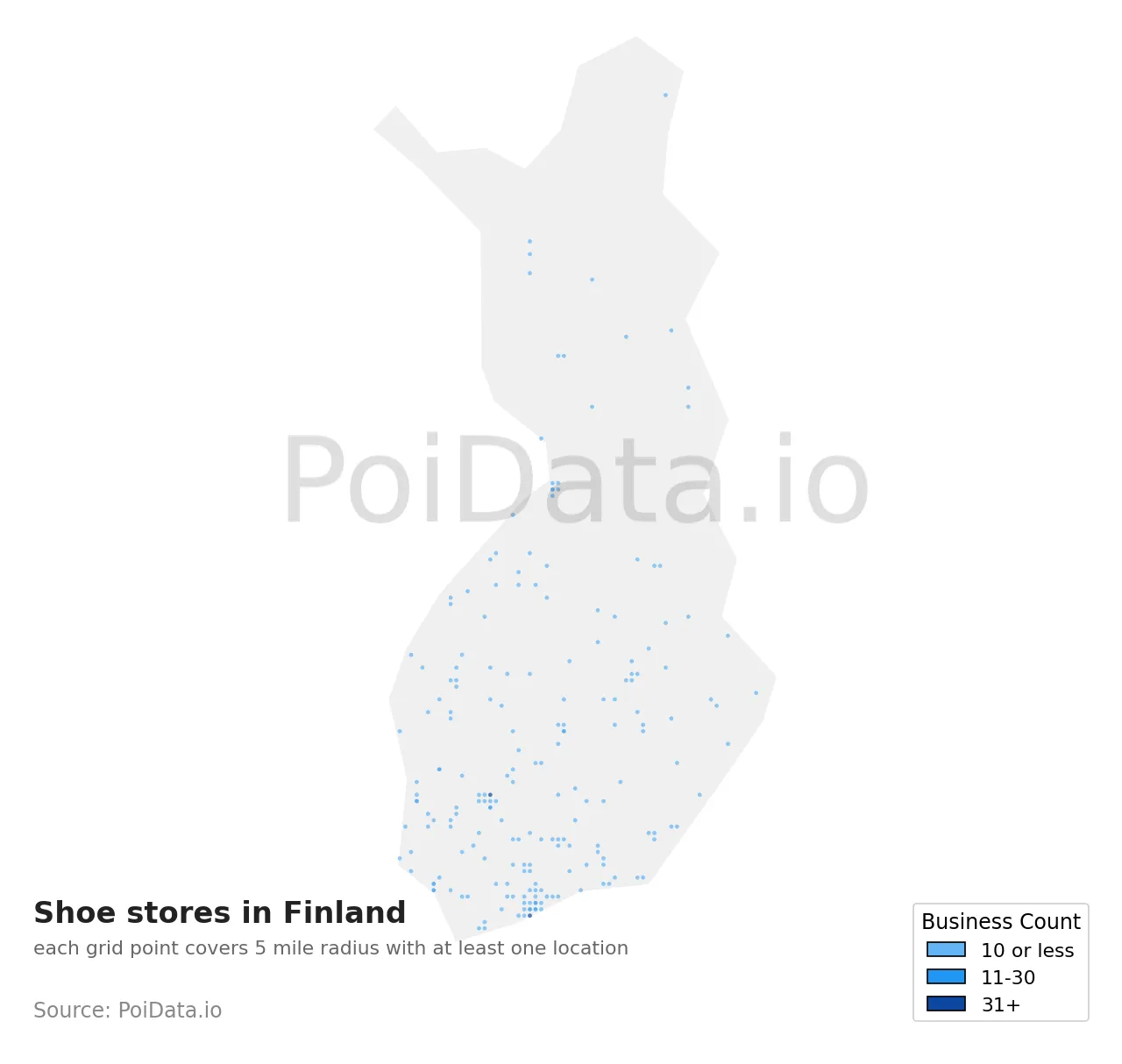 Shoe store density map for Finland