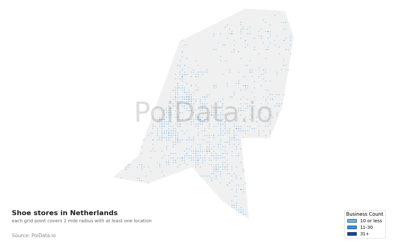Shoe store density map for Netherlands