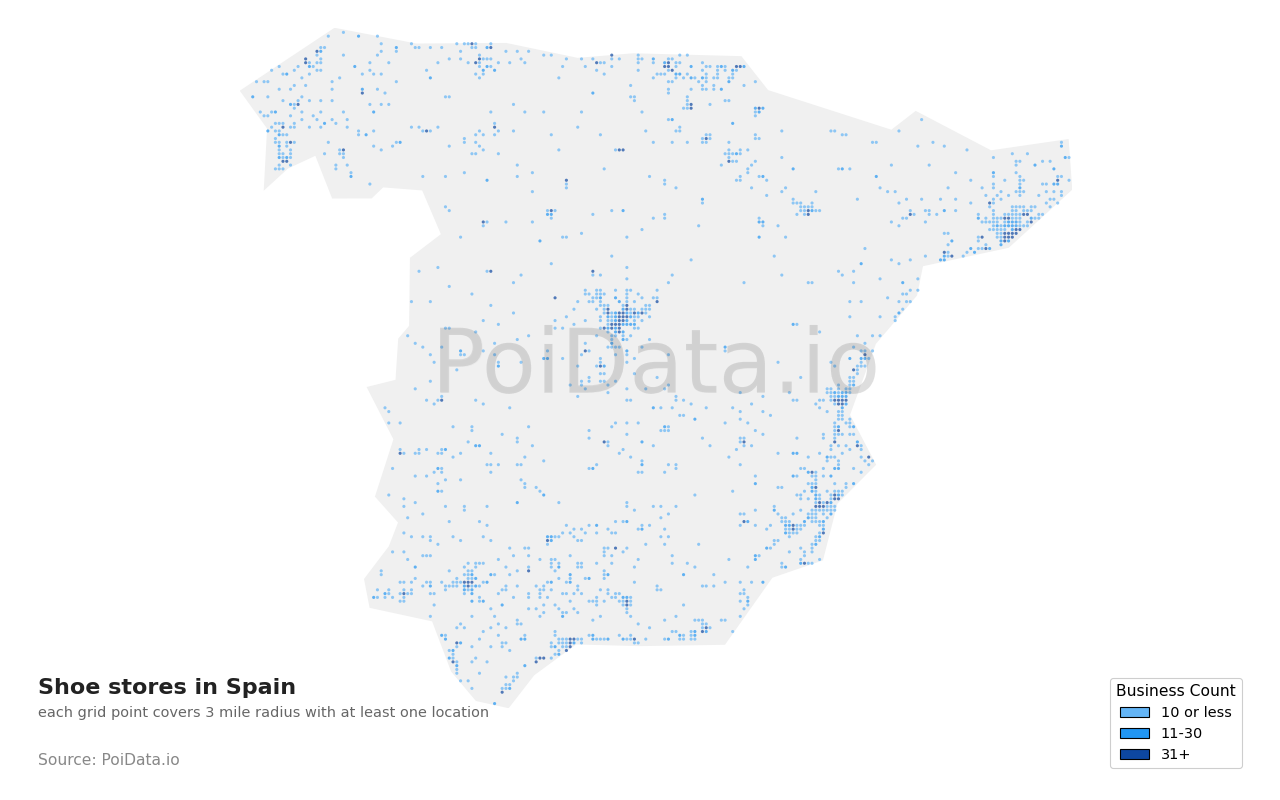 Shoe store density map for Spain