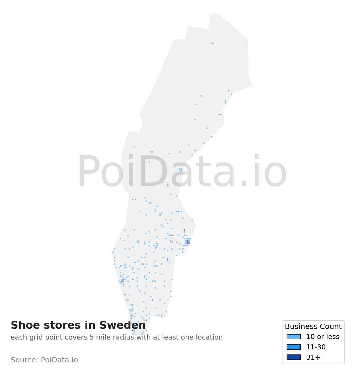 Shoe store density map for Sweden