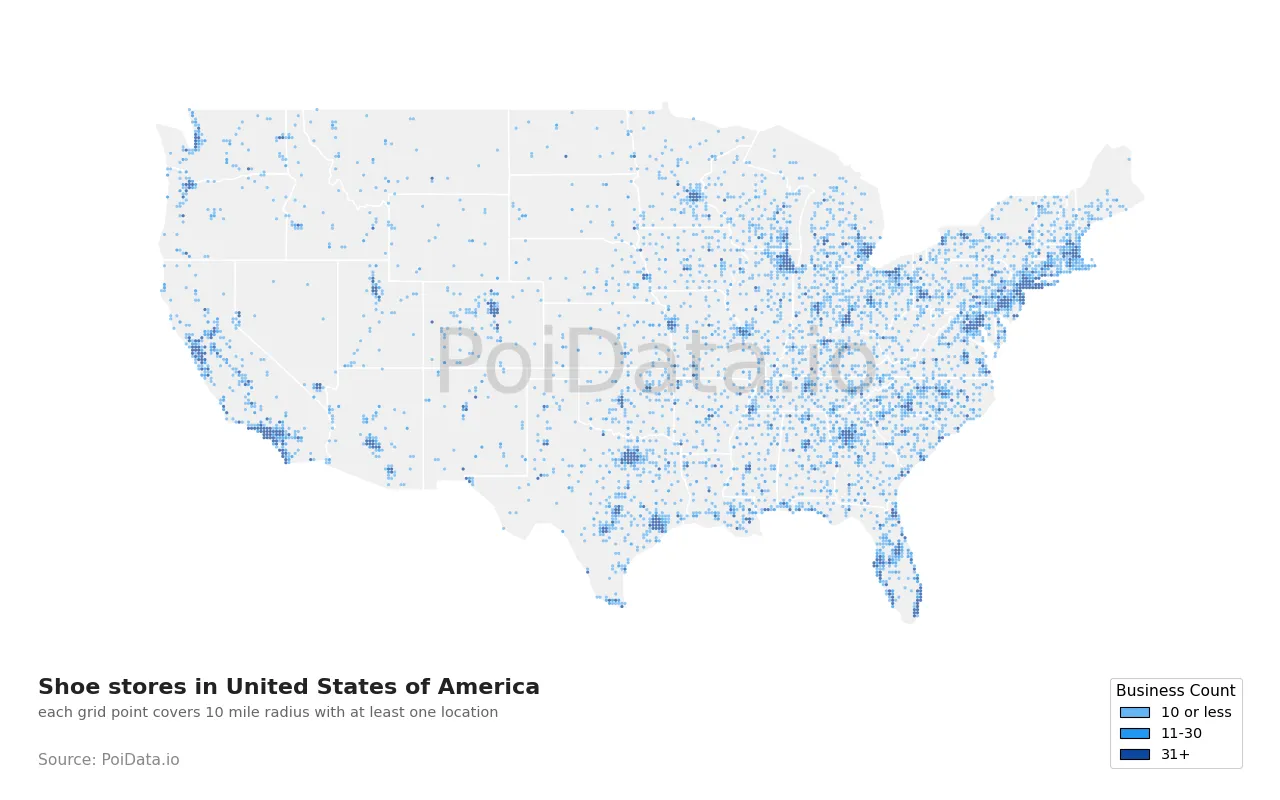 Shoe store density map for United States