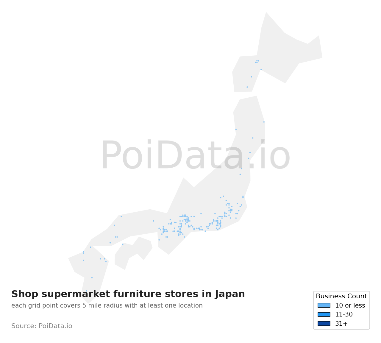 Shop supermarket furniture store density map for Japan