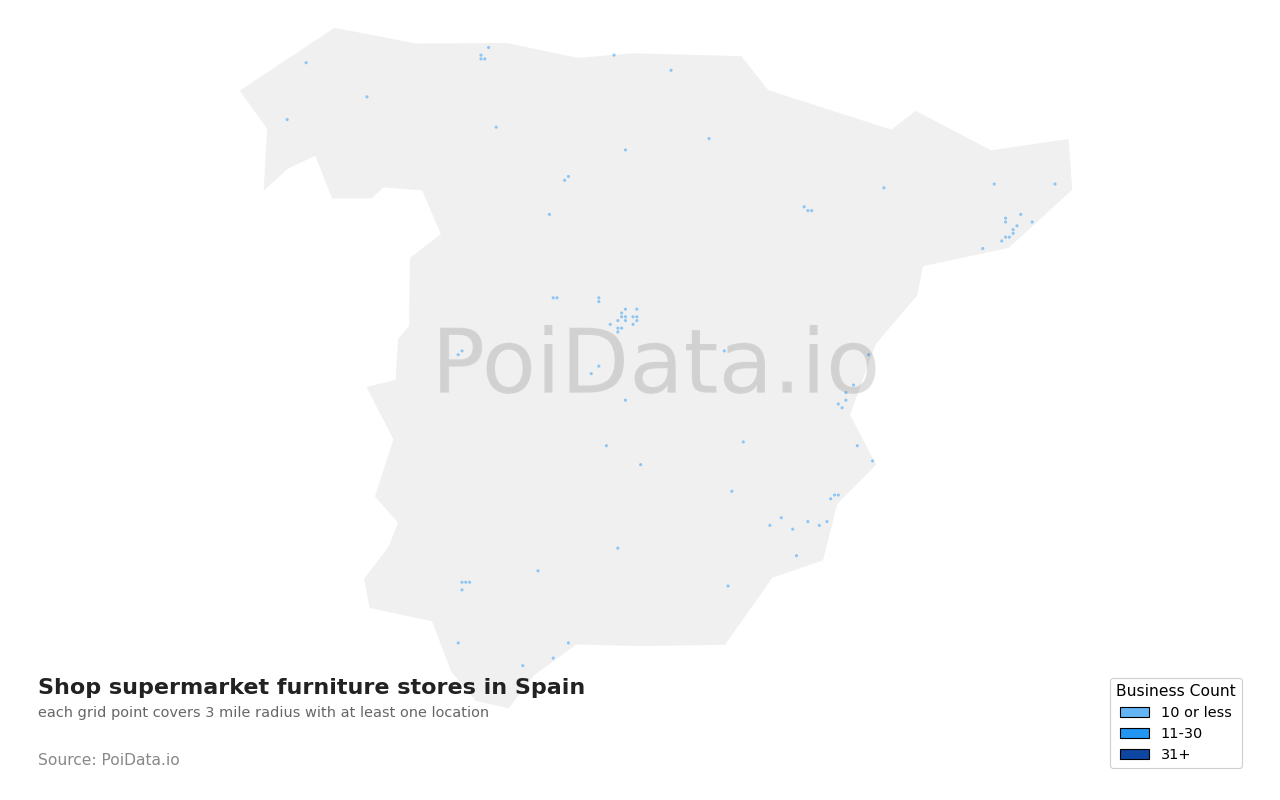 Shop supermarket furniture store density map for Spain