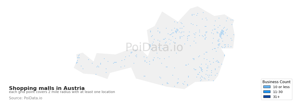 Shopping mall density map for Austria