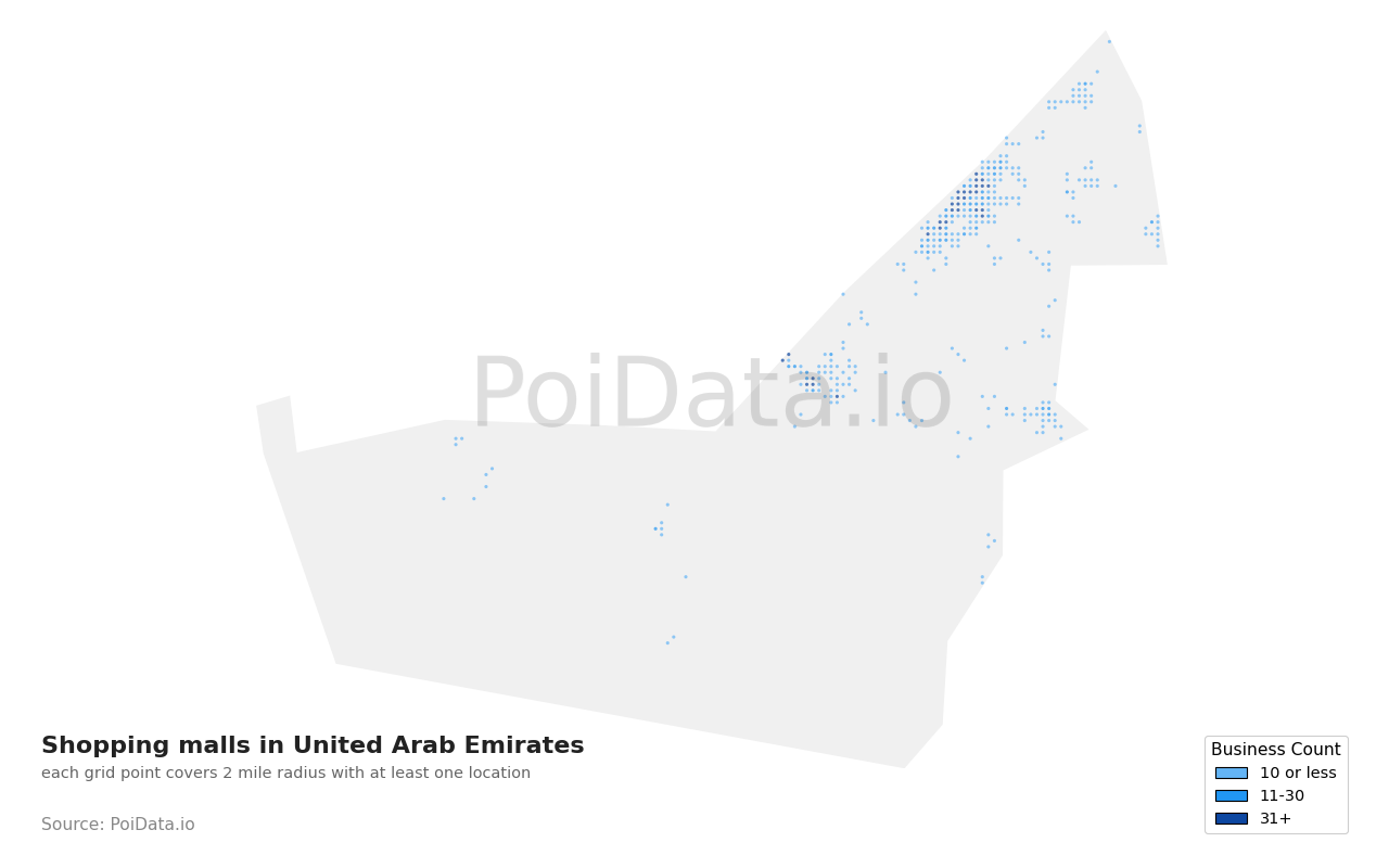 Shopping mall density map for United Arab Emirates