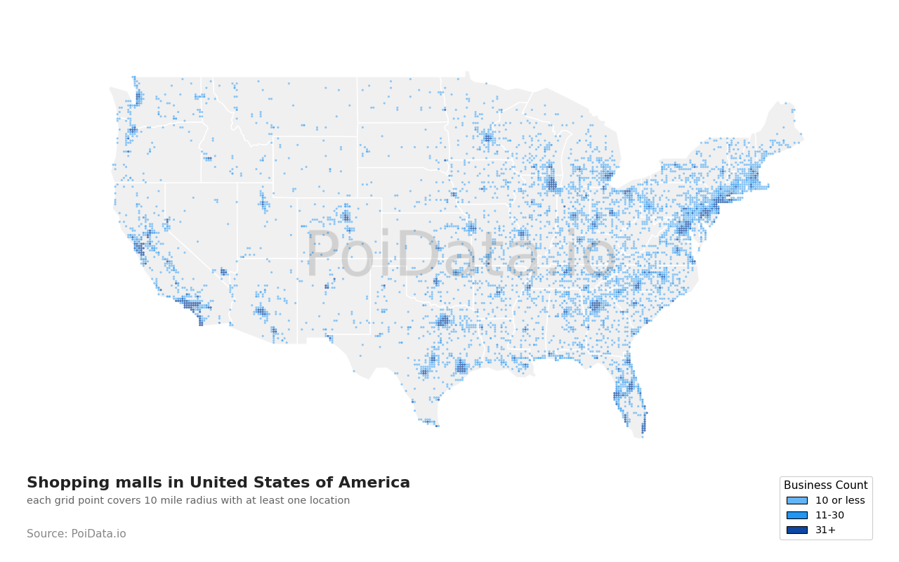 Shopping mall density map for United States