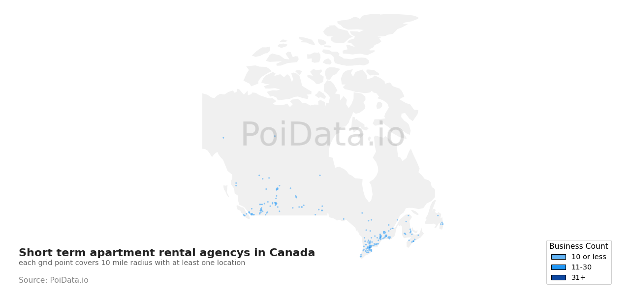 Short term apartment rental agency density map for Canada