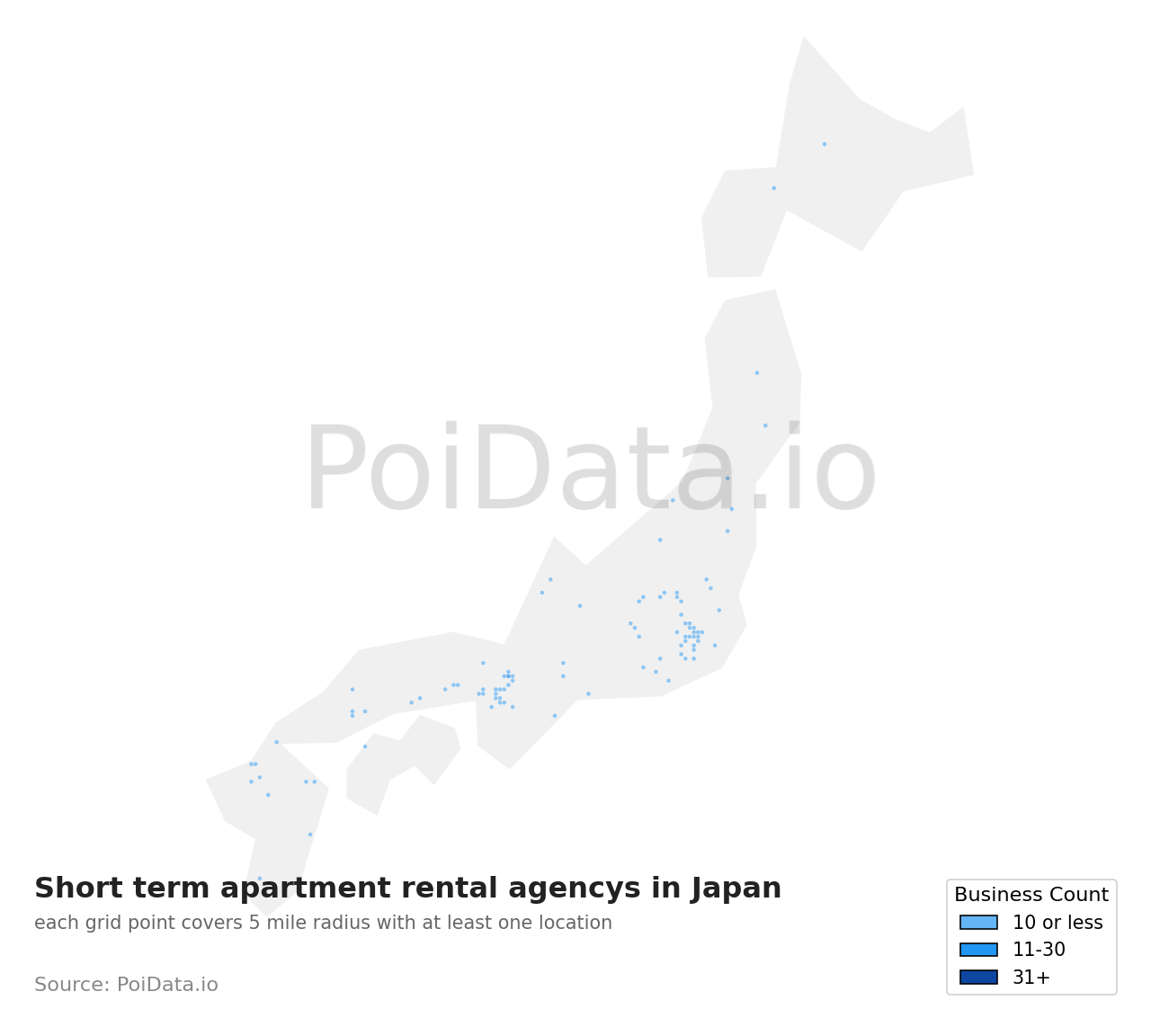 Short term apartment rental agency density map for Japan