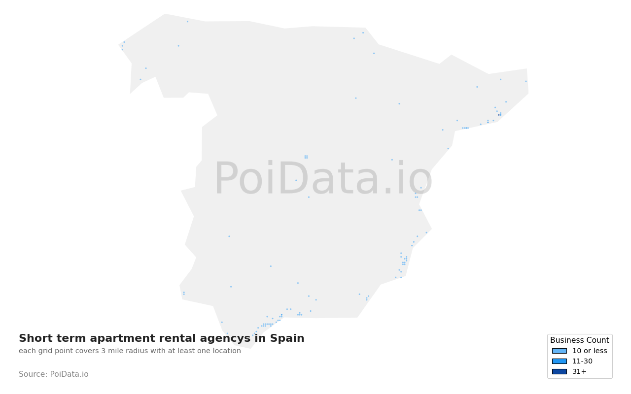 Short term apartment rental agency density map for Spain