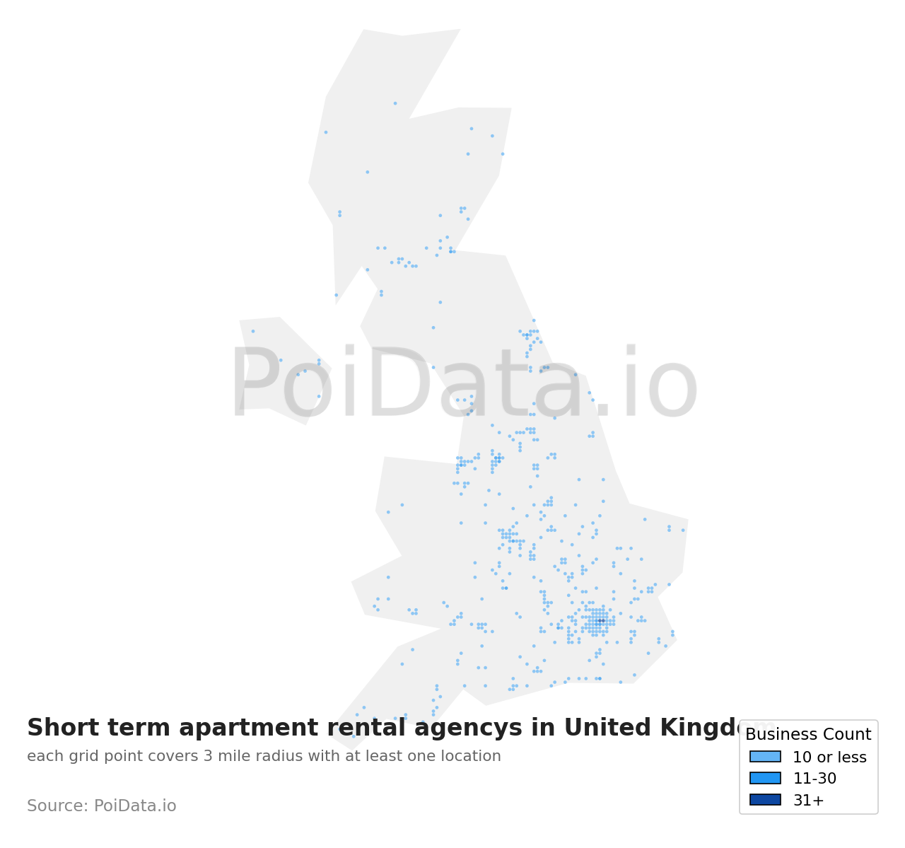 Short term apartment rental agency density map for United Kingdom