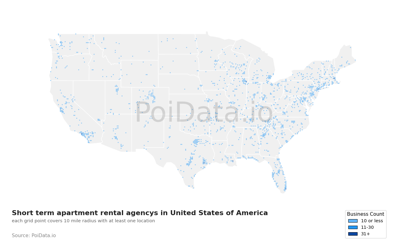 Short term apartment rental agency density map for Tennessee, United States