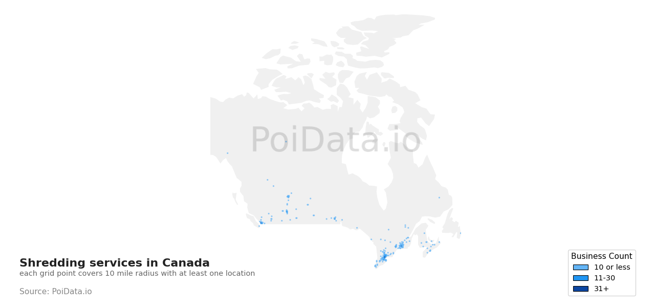 Shredding service density map for British Columbia, Canada