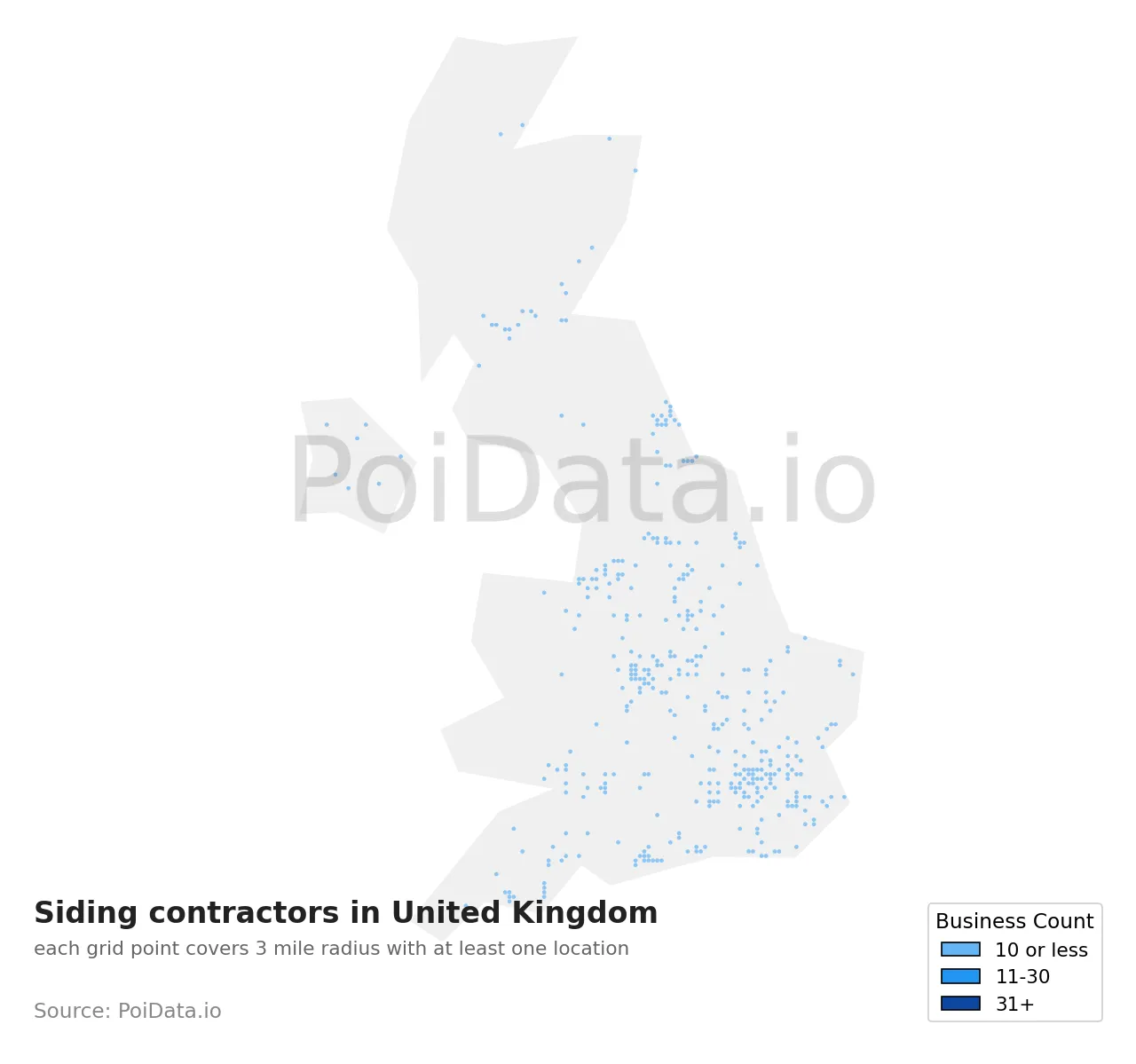 Siding contractor density map for United Kingdom