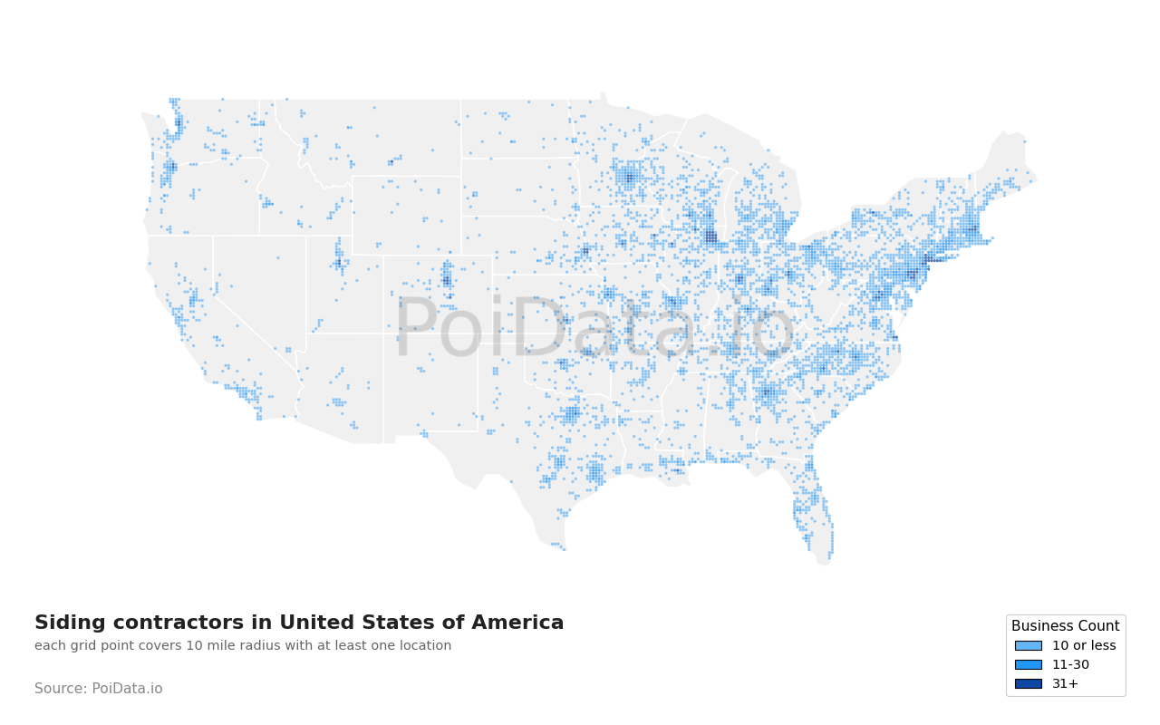Siding contractor density map for United States