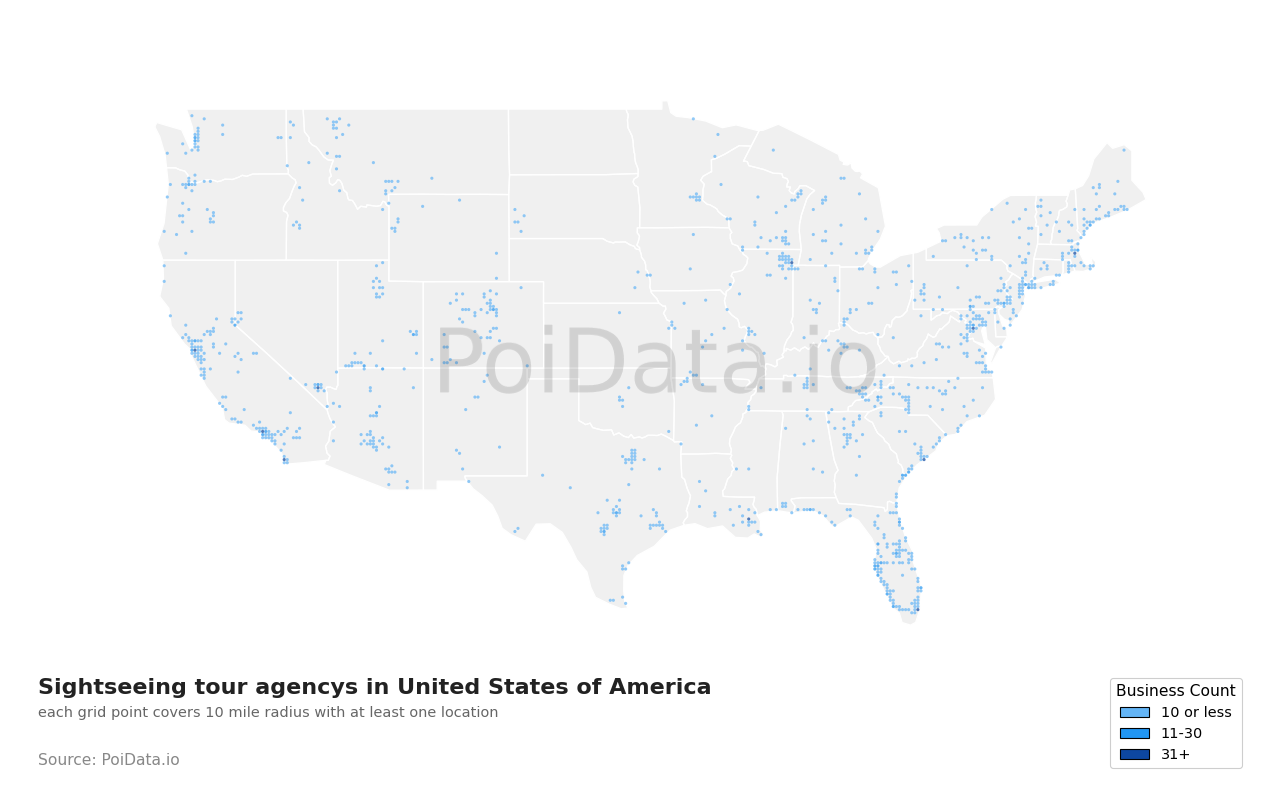 Sightseeing tour agency density map for United States