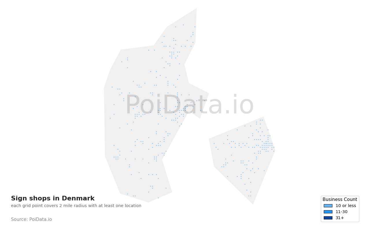 Sign shop density map for Denmark