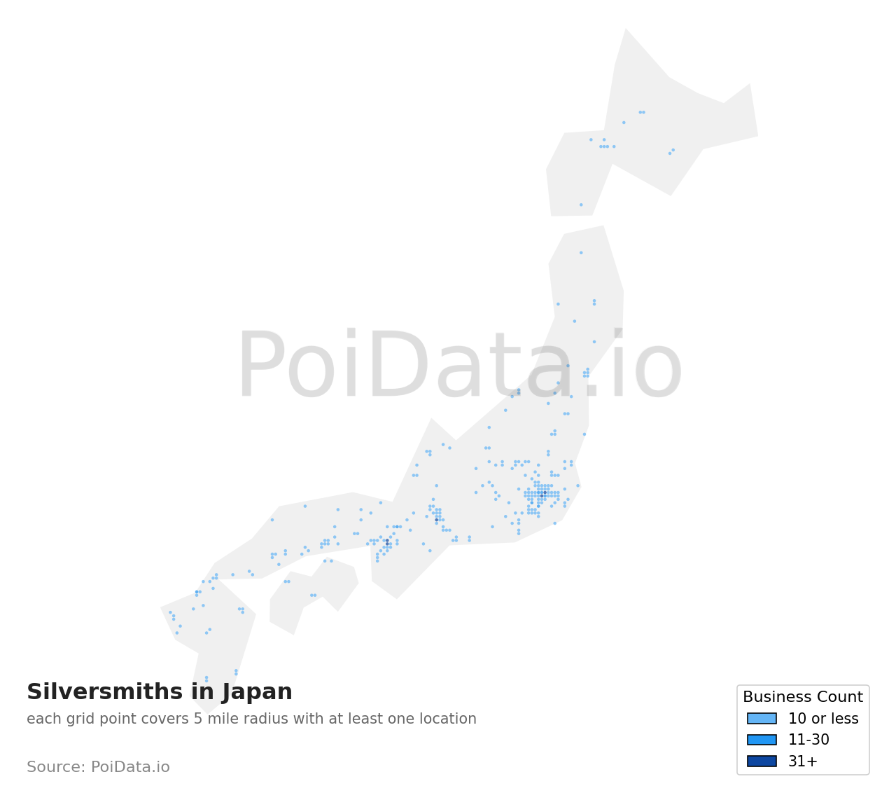 Silversmith density map for Japan