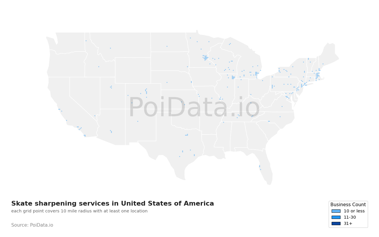 Skate sharpening service density map for United States