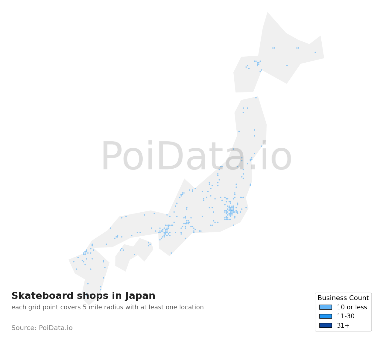 Skateboard shop density map for Hokkaido, Japan