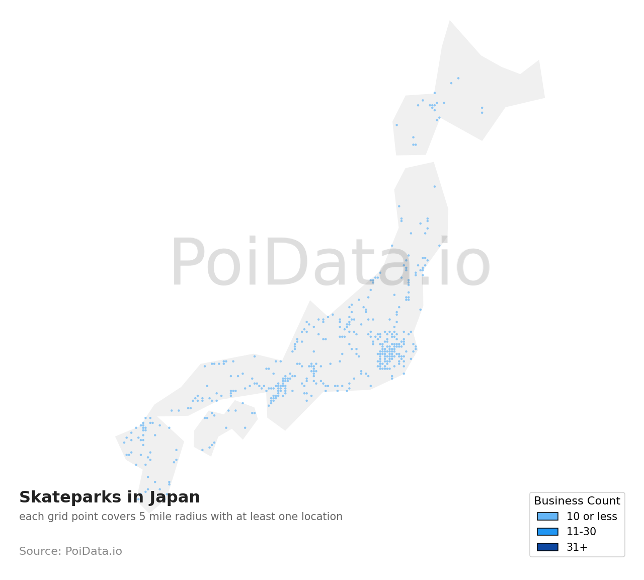 Skatepark density map for Japan
