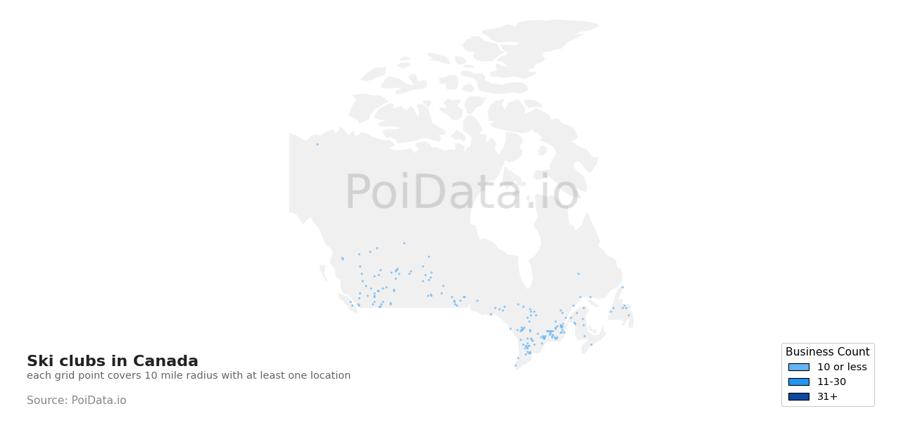 Ski club density map for Saskatchewan, Canada