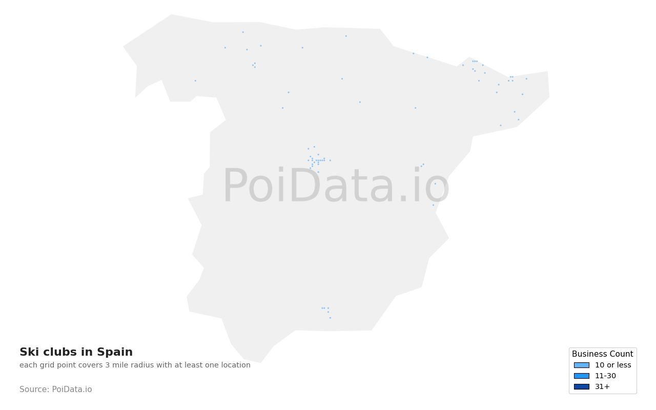 Ski club density map for Spain
