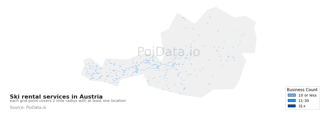 Ski rental service density map for Austria