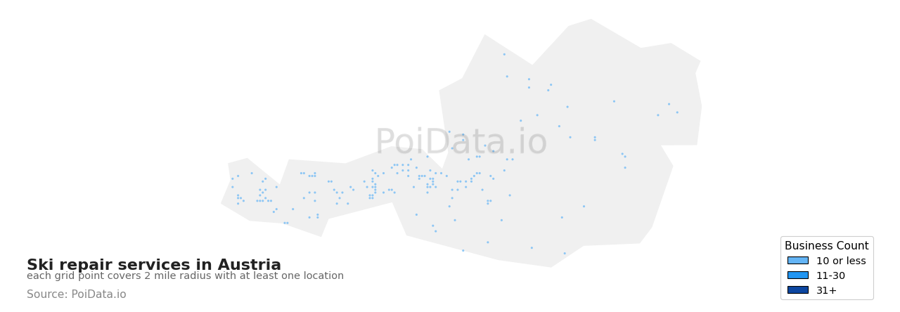 Ski repair service density map for Austria