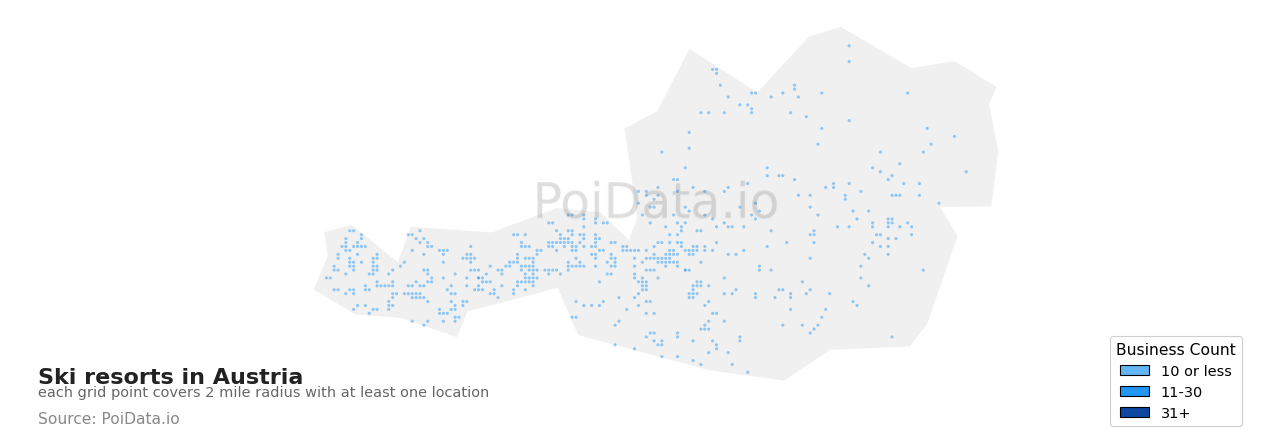Ski resort density map for Austria