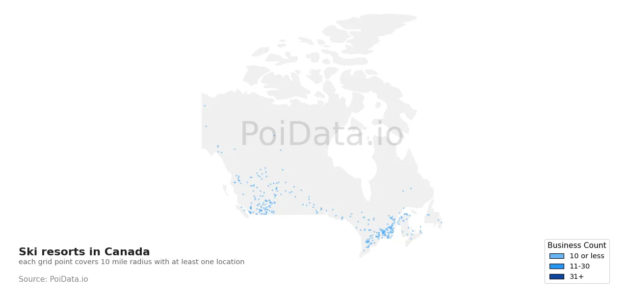 Ski resort density map for Canada