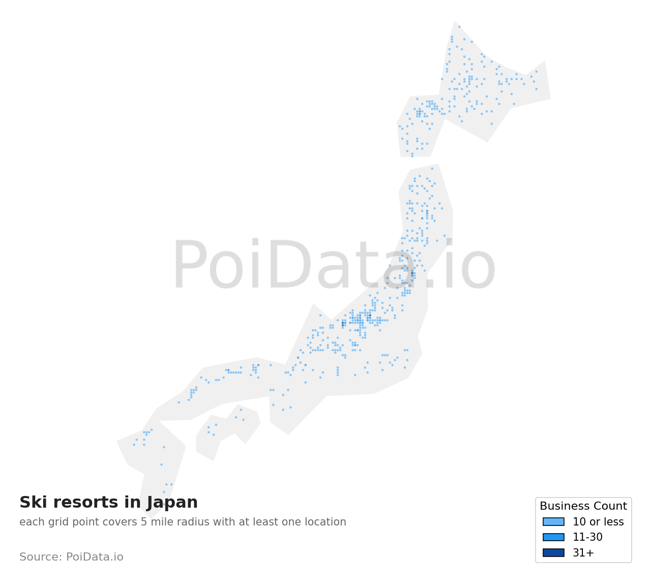 Ski resort density map for Abuta District, Hokkaido, Japan
