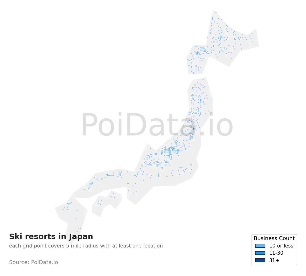 Ski resort density map for Japan