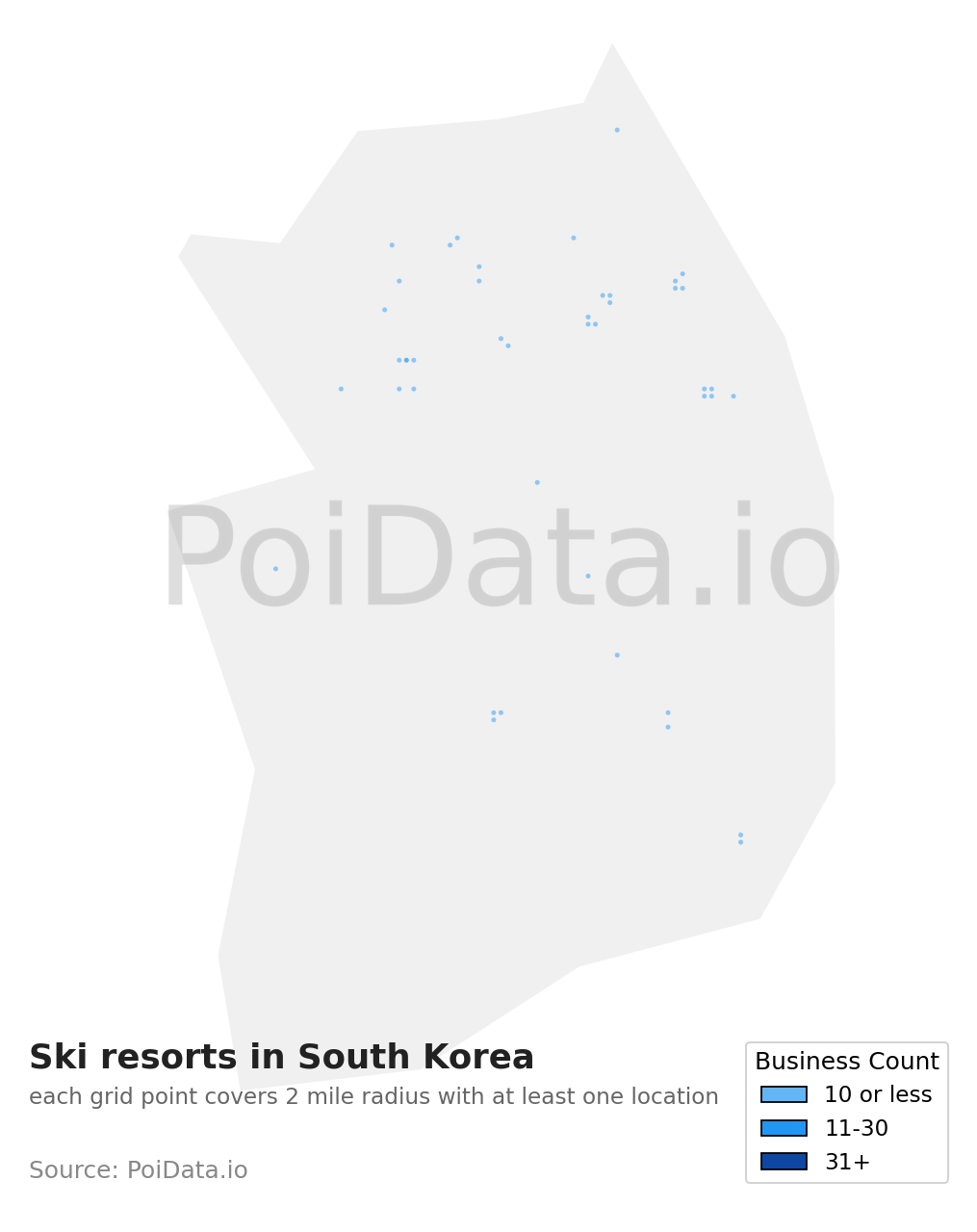 Ski resort density map for South Korea