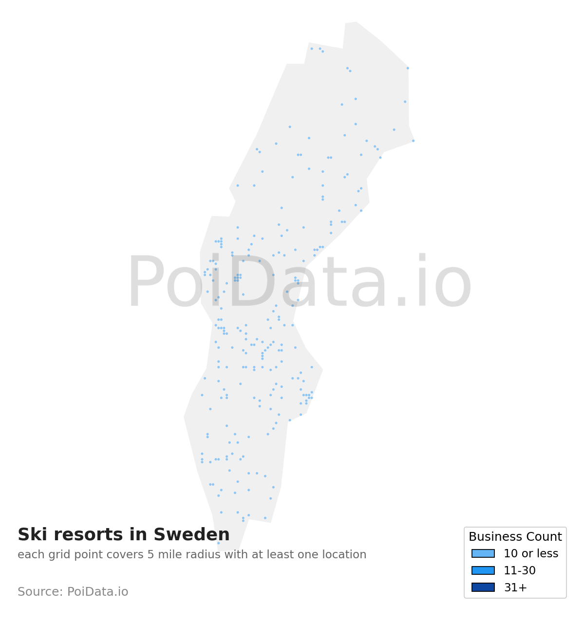 Ski resort density map for Sweden