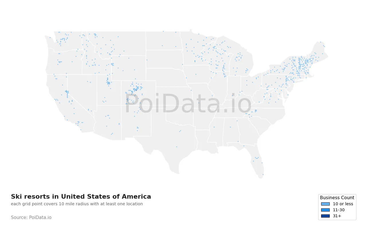 Ski resort density map for United States