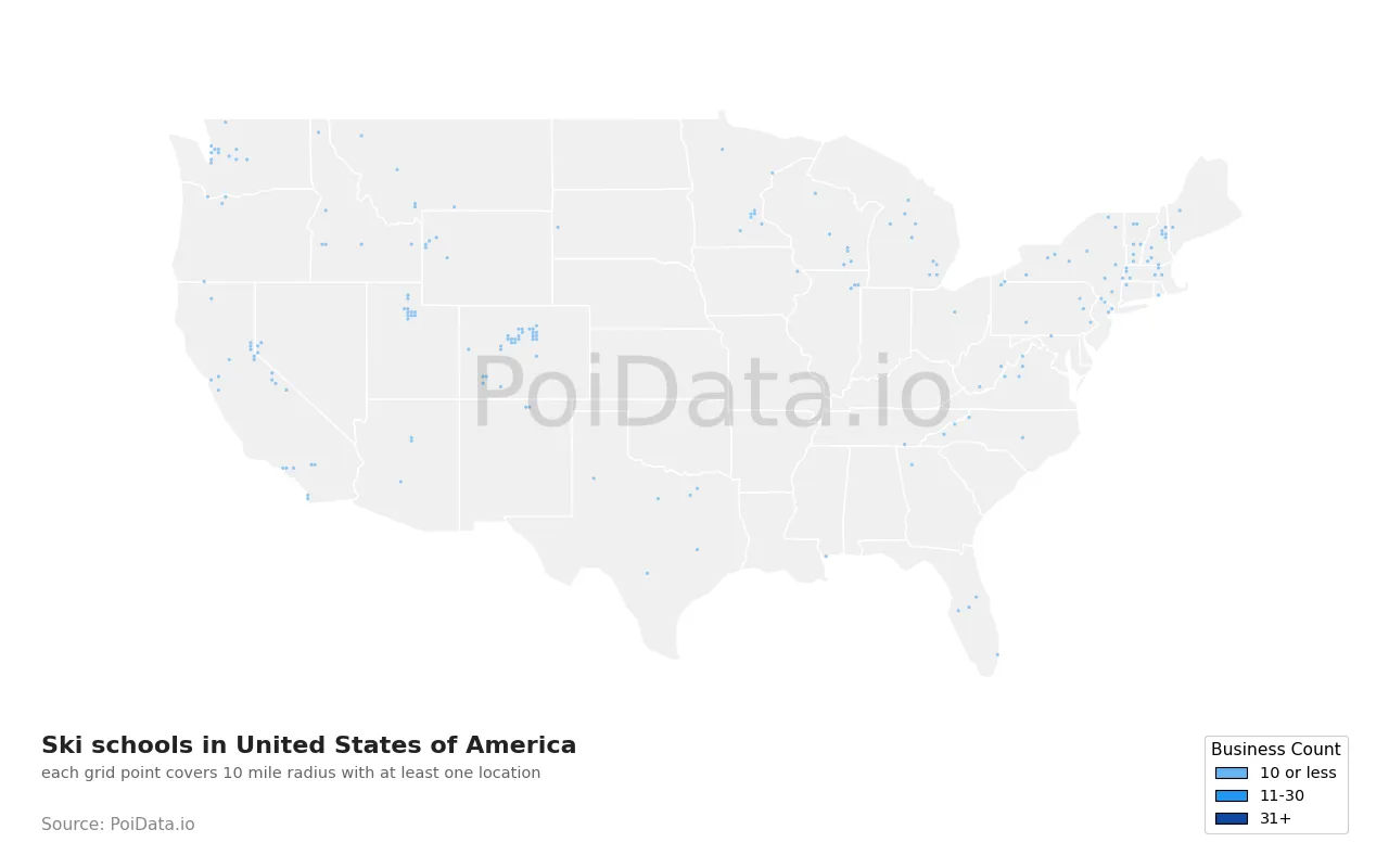 Ski school density map for United States