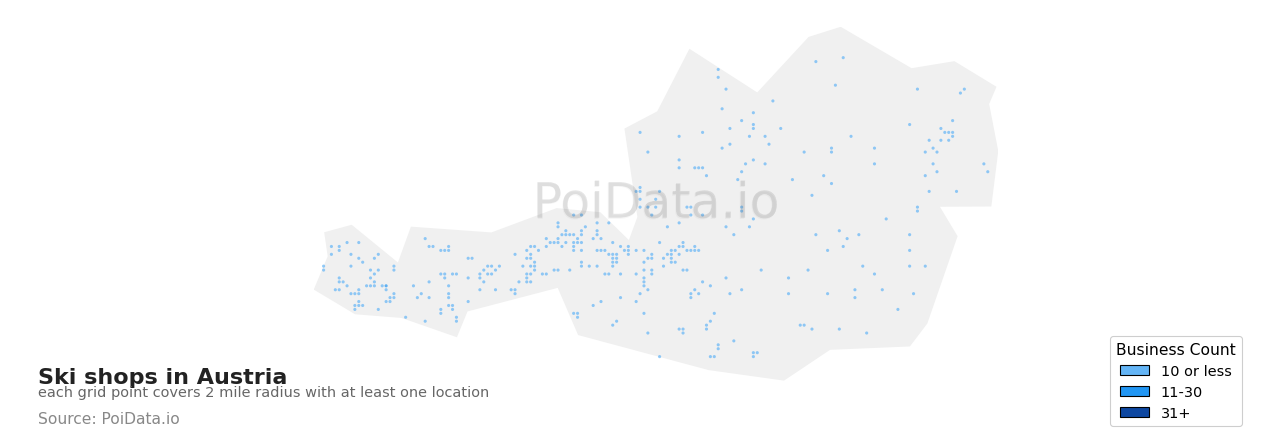 Ski shop density map for Austria