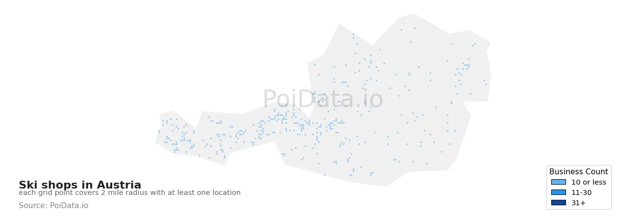 Ski shop density map for Austria