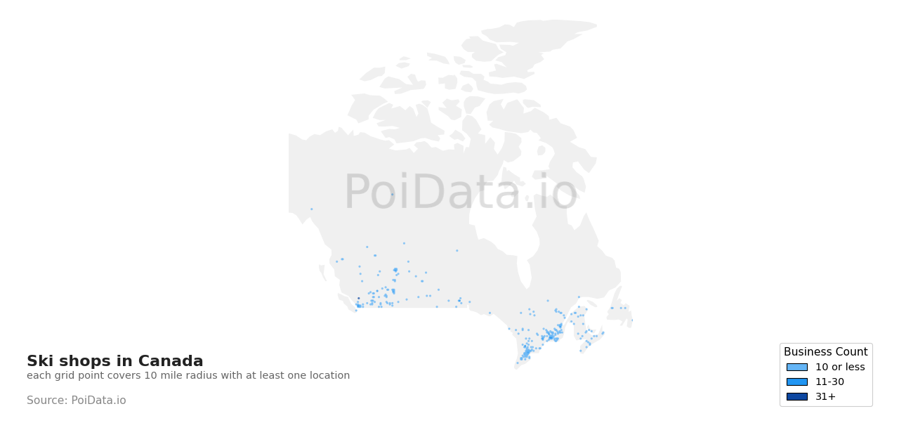 Ski shop density map for Canada