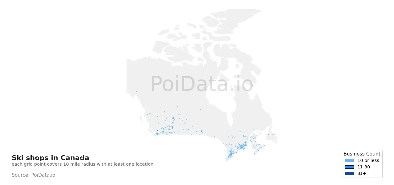 Ski shop density map for Canada
