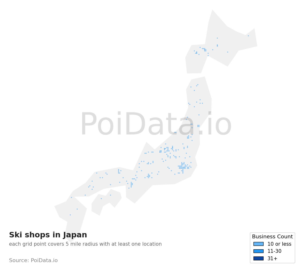 Ski shop density map for Japan