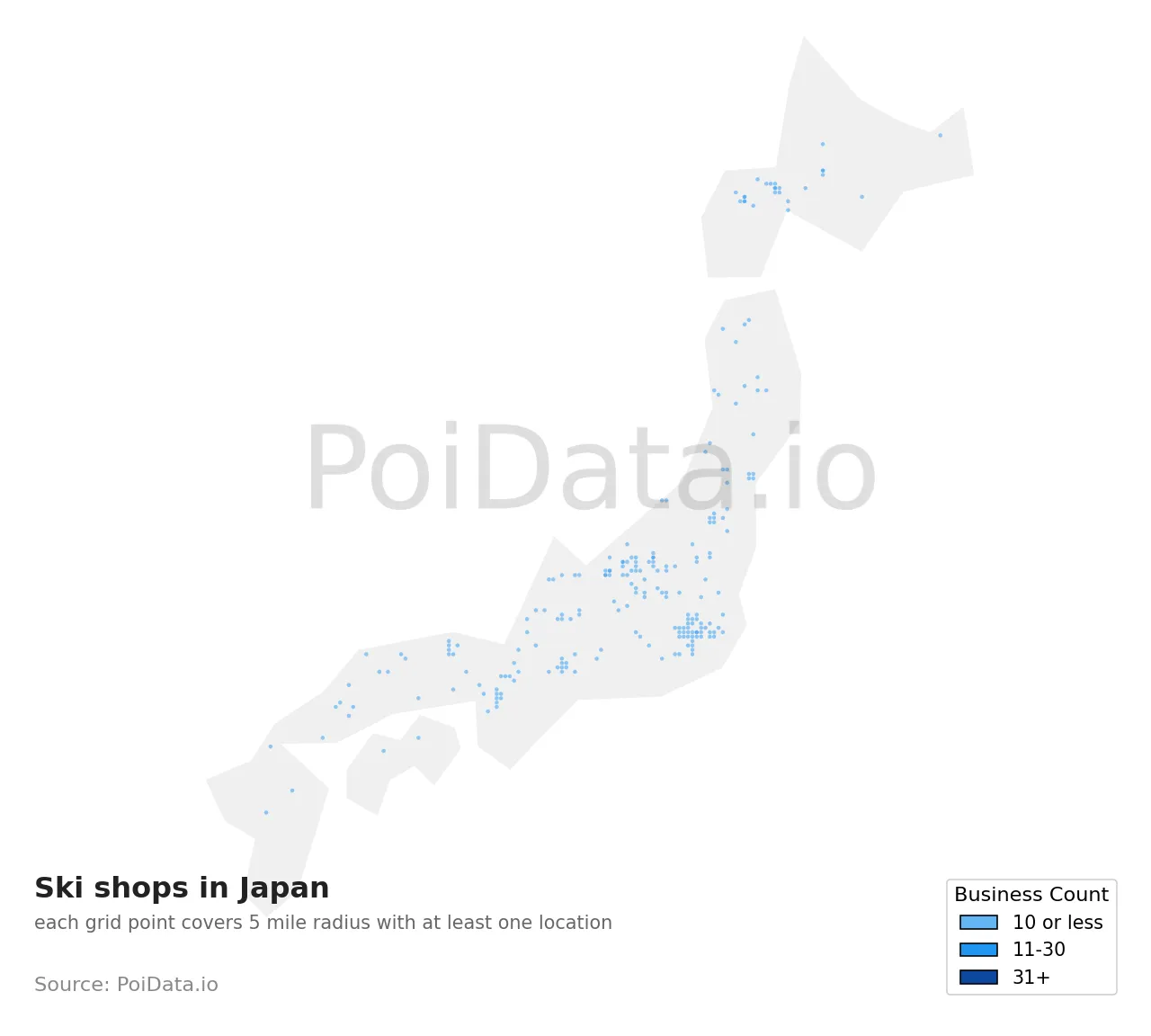 Ski shop density map for Japan