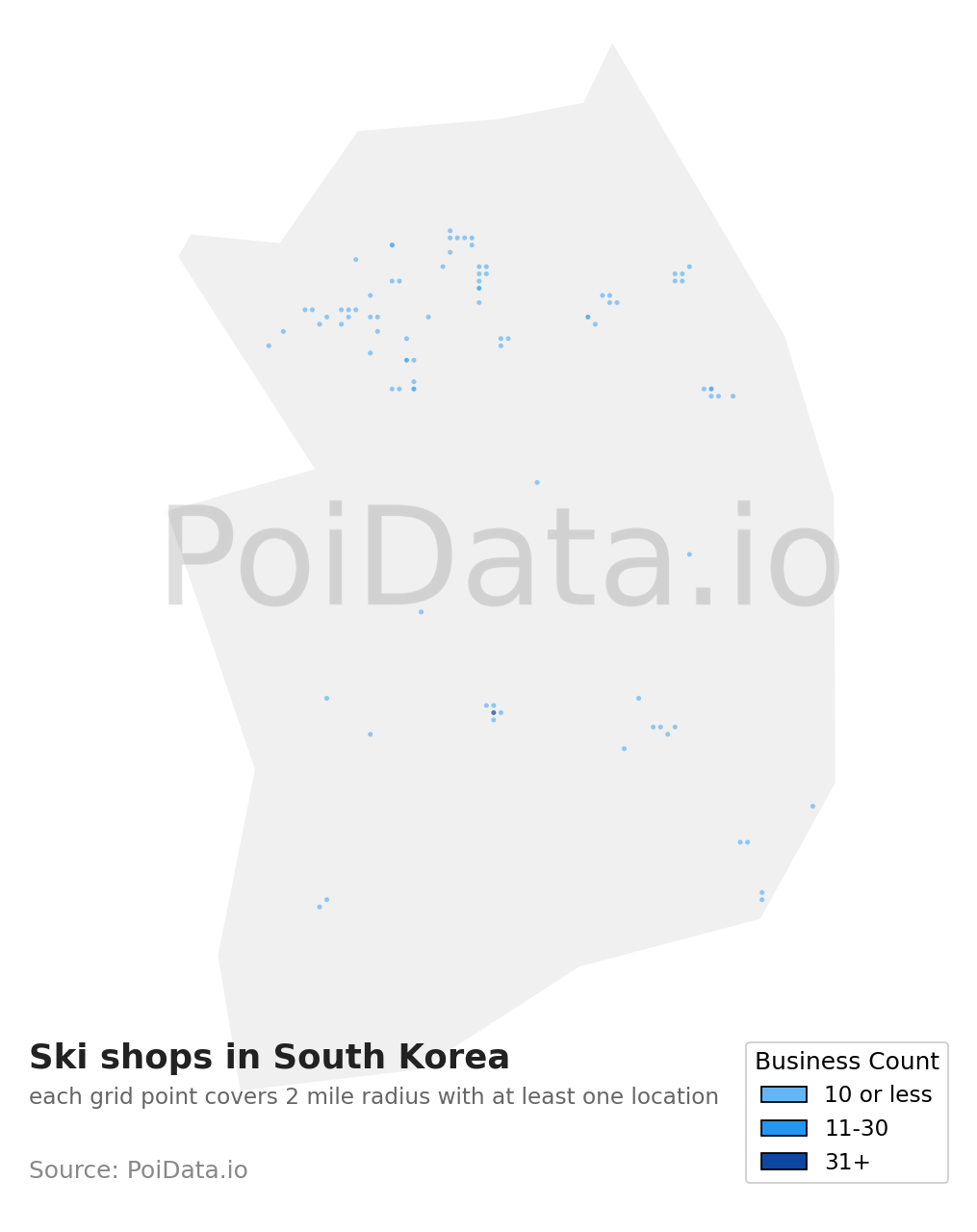 Ski shop density map for South Korea