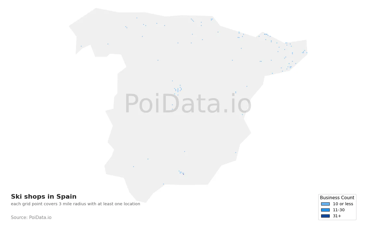 Ski shop density map for Spain