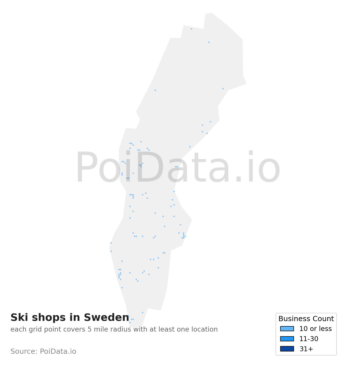 Ski shop density map for Sweden