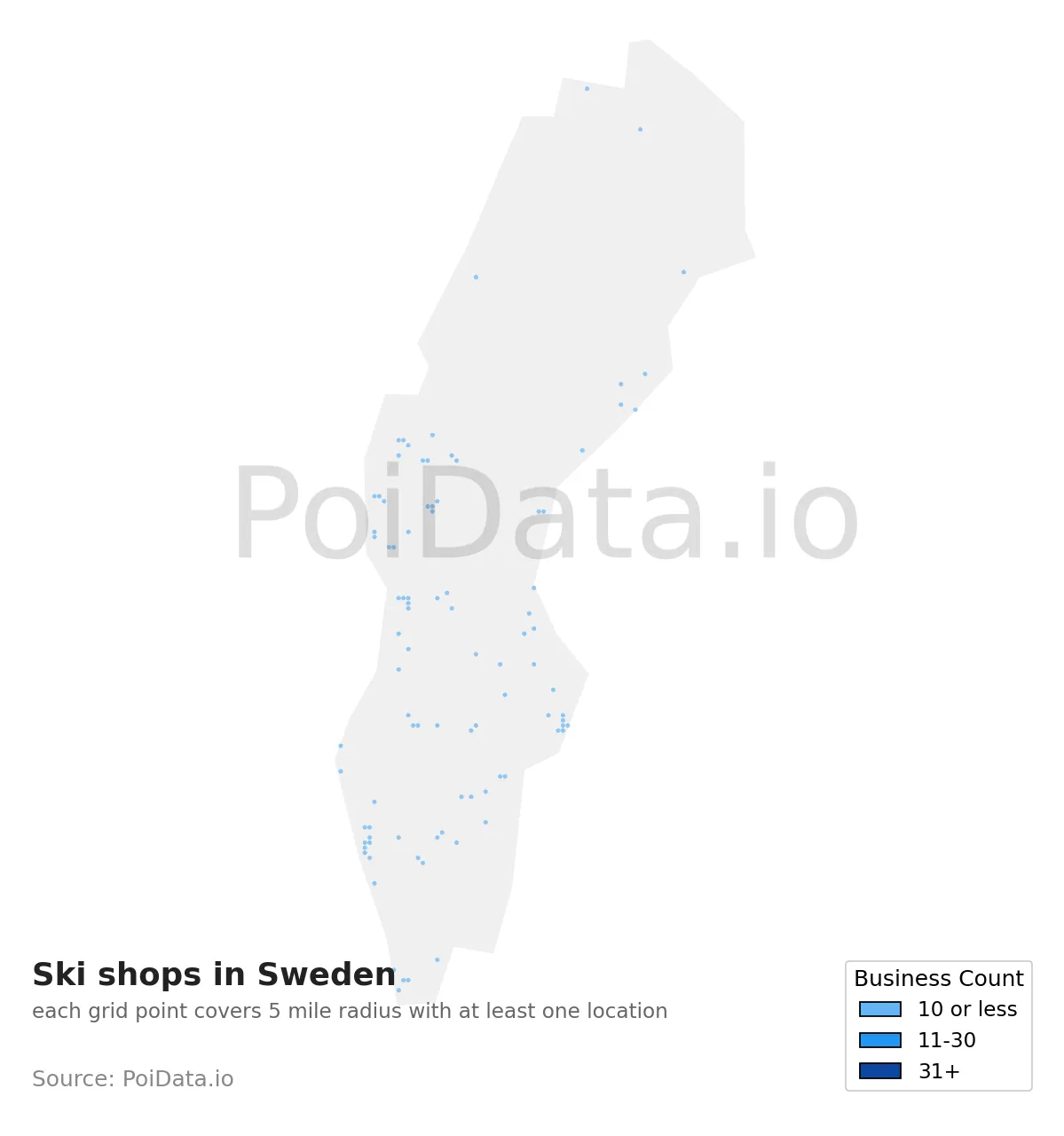 Ski shop density map for Sweden