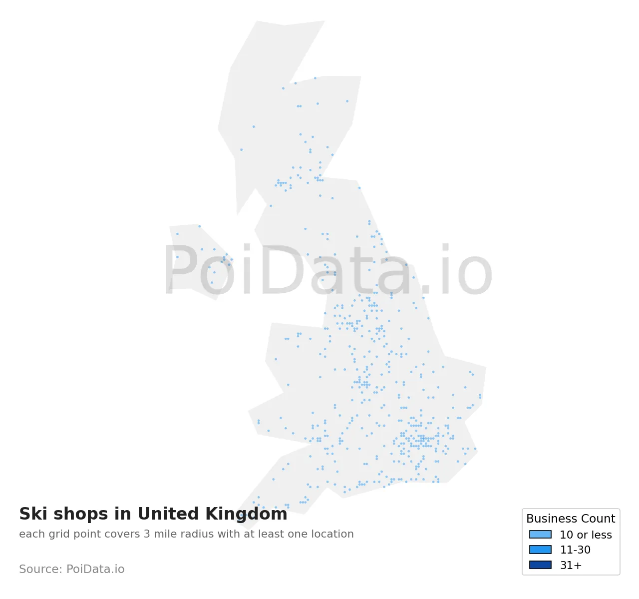 Ski shop density map for United Kingdom